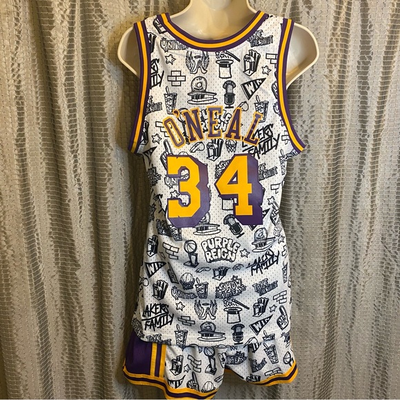 🏀Mitchell & Ness O’Neal LA Lakers NBA Doodle Jersey Short Set Med Retails $225 - Picture 2 of 16